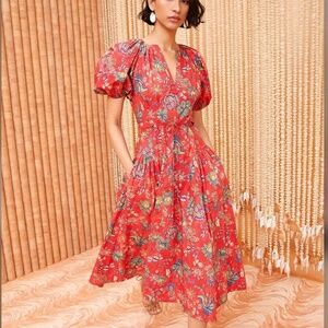 ULLA JOHNSON NWT Carina Puff Sleeve Midi Dress Hibiscus 4